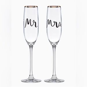 Never used. Kate Spade gold rimmed champagne glasses Mr & Mrs. wedding day flute